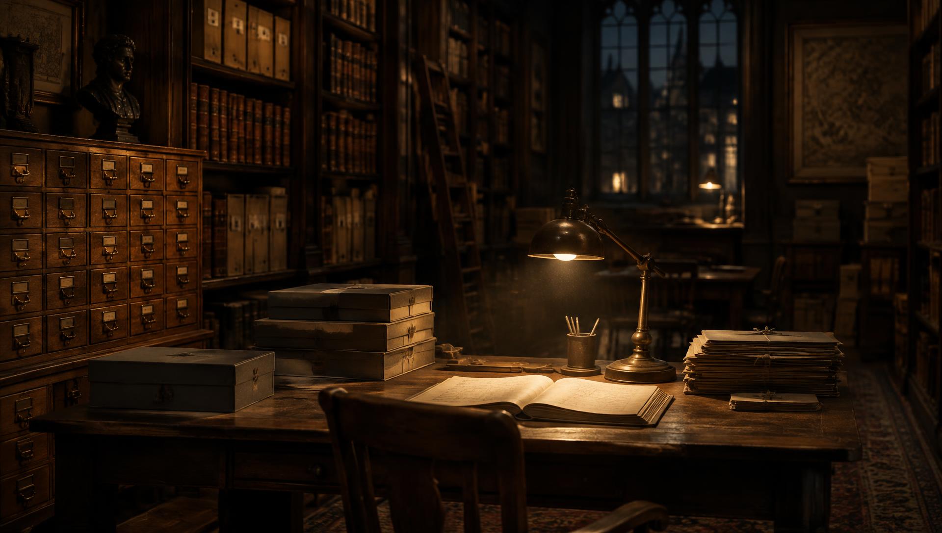 A dark writing room: card catalogue, tied boxes, manuscript pages and a lit desk lamp.